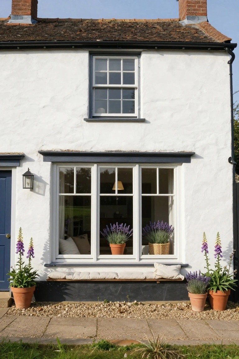 White cottage exterior with dark trim, featuring a large three-panel window above a built-in wooden bench with cushions, flanked by potted foxglove and lavender plants on either side, blue front door, lantern light, gravel ground cover, and path leading to grass.