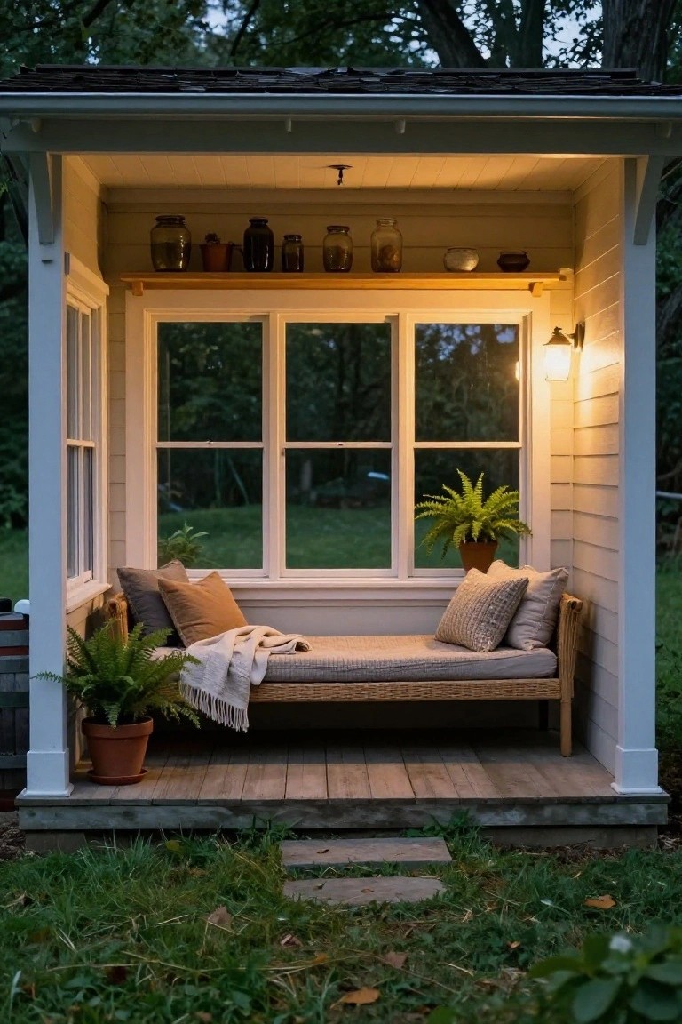 Small open-air wooden pavilion with white shiplap siding, large triple-pane window, wicker daybed with beige cushions and white throw blanket, potted ferns, shelves holding jars and pots, wall lantern light, on a wooden deck surrounded by grass and trees at dusk.