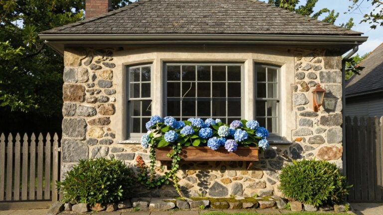 22 Cottage Style Exterior Windows That Look Straight Out Of A Storybook Gray stone cottage exterior detail showing an arched multipane window with a wooden window box filled with blue hydrangeas, a copper lantern beside it, shrubs below, and a picket fence in front.