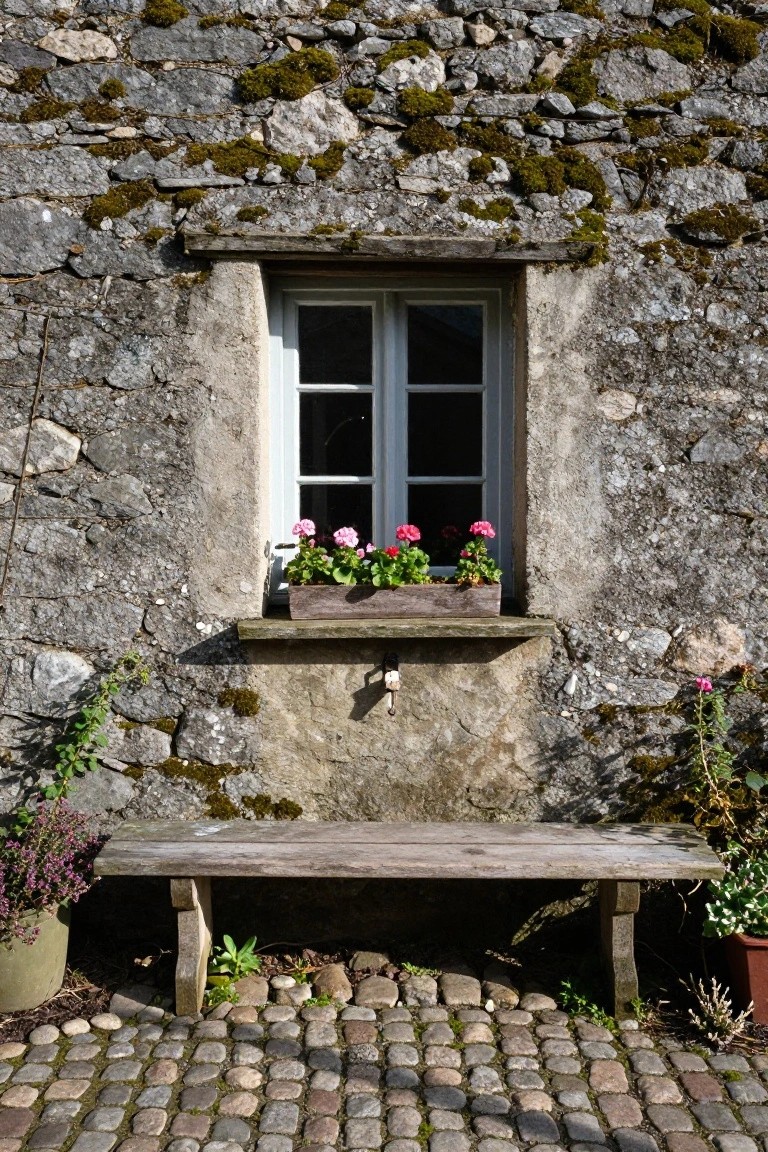 Stone cottage wall with moss-covered rocks, a white-framed double window topped by a wooden flower box of pink geraniums, a wooden bench below, potted plants, and cobblestone ground.