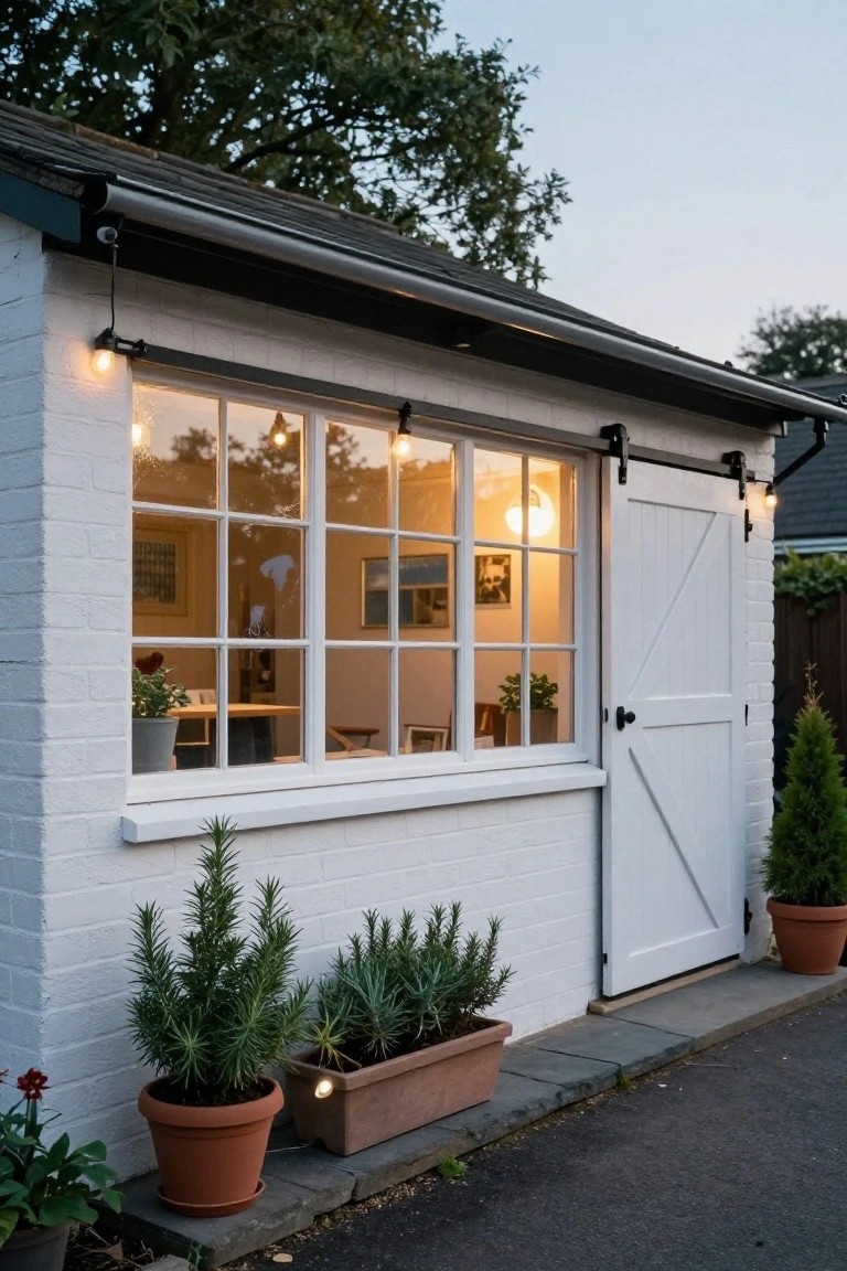 White brick garden shed with large multi-pane windows, sliding barn door, string lights under the eaves, and potted plants along the front at dusk.