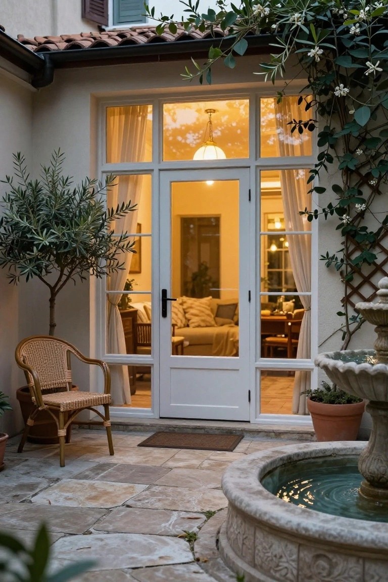 Courtyard with stone fountain, potted olive tree, rattan chair on tiled pavers, climbing vines, and tall white-framed glass French doors partially open to a warmly lit interior living room containing sofa, pillows, side tables, and chairs.