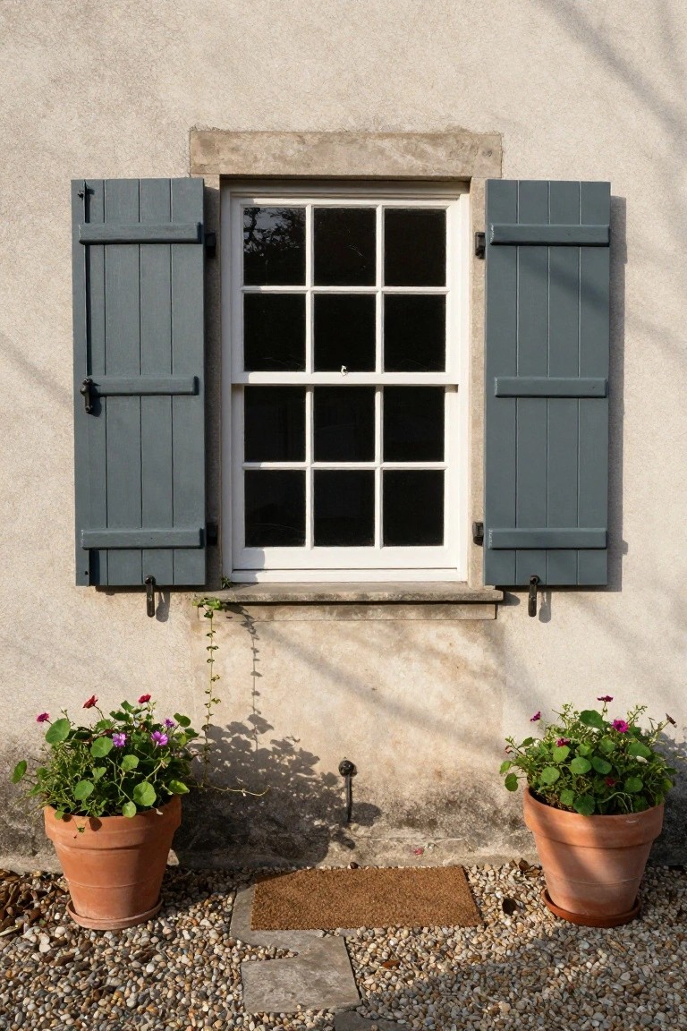 Beige stucco house wall with a white nine-pane double-hung window flanked by open dark green louvered shutters, two terracotta pots of pink geraniums below, gravel ground, and a doormat in front.