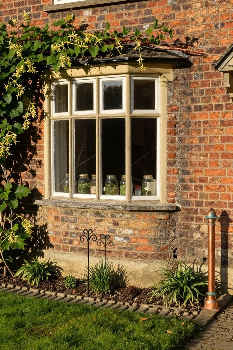 Brick house bay window with yellow frames, ivy climbing the walls, multiple glass jars containing herbs on the interior sills visible through the glass, small garden bed and plants below, copper post and iron decoration nearby.