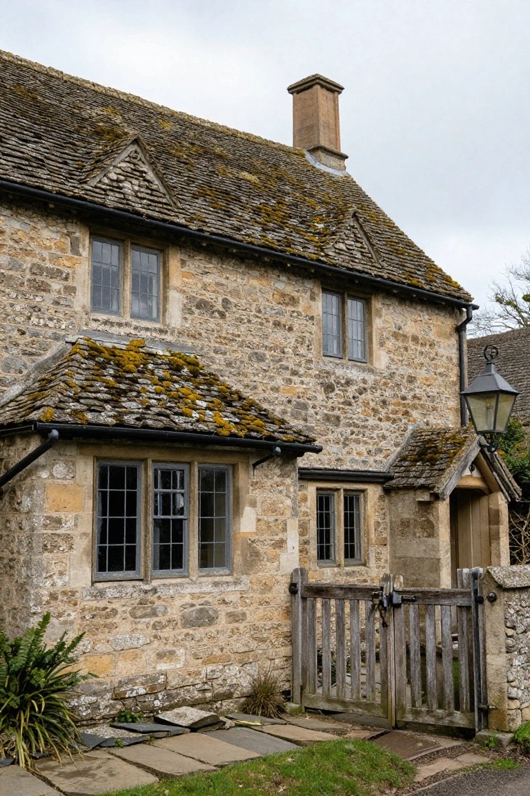 Stone cottage exterior with moss-covered roof, multipaned leaded glass windows, wooden gate, lantern light, and path leading to the door.