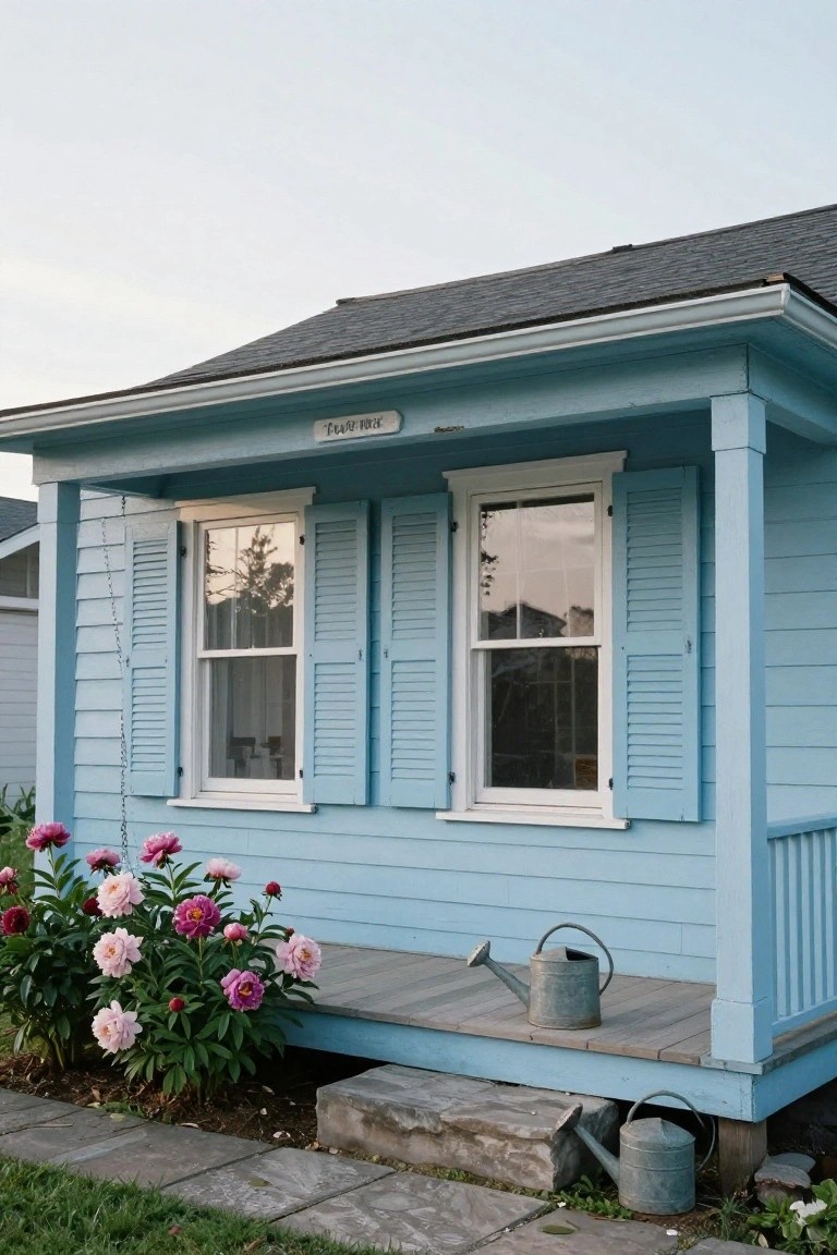 Light blue cottage exterior with two paired double-hung windows flanked by matching blue shutters, a small porch with metal watering cans, pink peony flowers in front, and stone steps leading up.