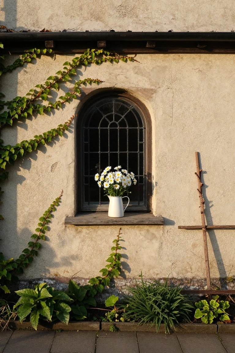 Beige stucco exterior wall with green ivy climbing beside a black arched window, white jug of daisies on the wooden sill, plants in front, wooden ladder leaning against the wall, and paved ground below.