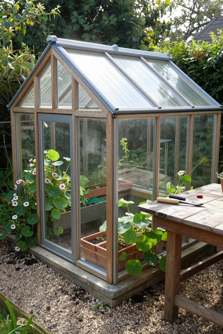 Small gable-roofed greenhouse with wooden frame and multiple glass panels, filled with potted plants, surrounded by garden greenery and a wooden table on gravel ground.