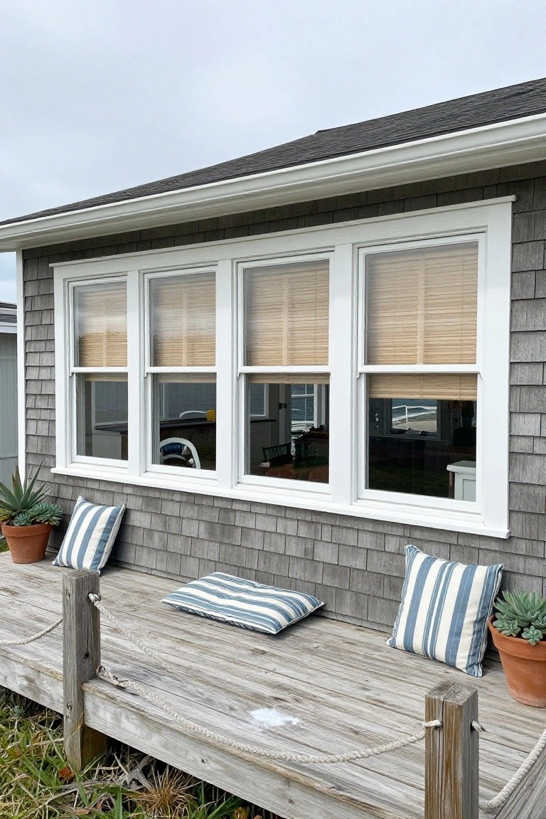 Gray shingled house exterior featuring white-framed triple windows with partially drawn bamboo blinds, a wooden deck below with striped pillows, potted succulents, and rope railings overlooking the ocean.