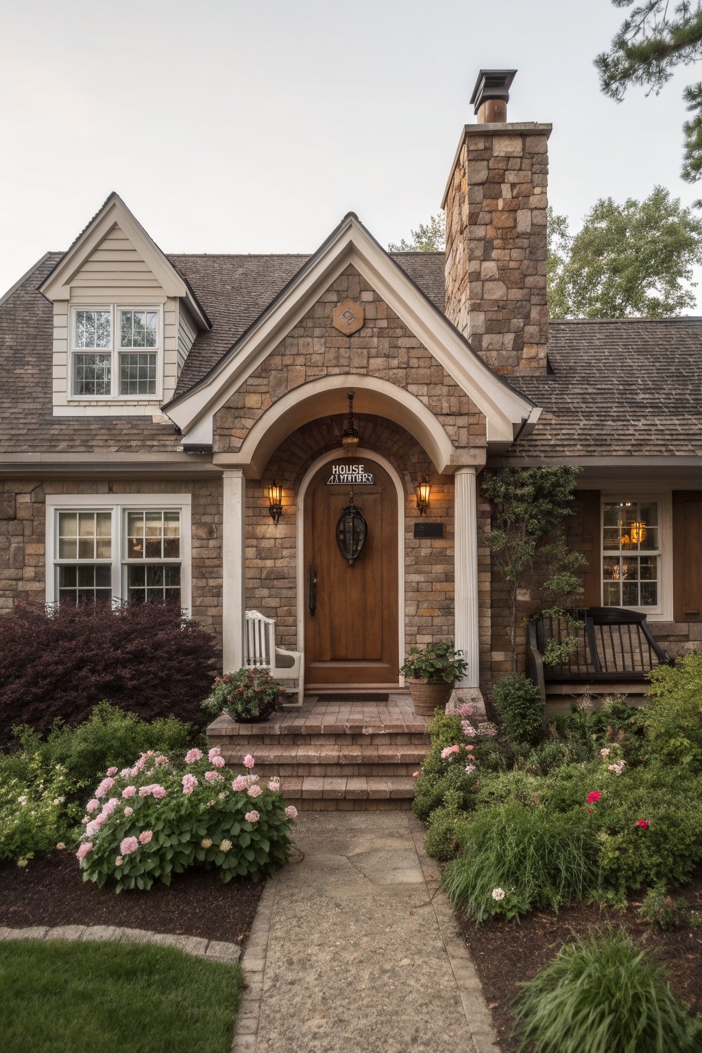 Front view of a beige ranch-style house with brown stone cladding, an arched entryway featuring a wooden door and lanterns, brick steps, and landscaped flower beds along a stone path.