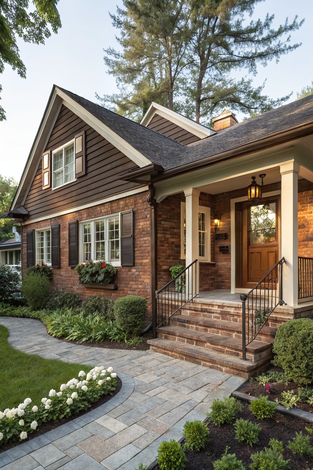 Brown shingle-sided ranch house with brick foundation and side accents, white-trimmed windows with shutters and flower boxes, columned front porch with lantern light and wood door, brick steps, iron railing, stone pathway, and landscaped yard with shrubs, flowers, and trees.