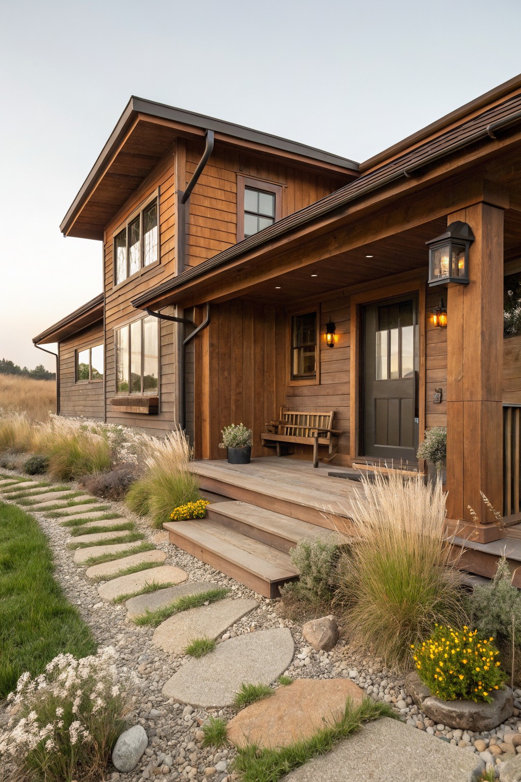 Brown wooden two-story ranch house exterior with covered porch supported by timber posts, wooden bench, dark front door, wall lanterns, and stone stepping path through gravel and native grasses.