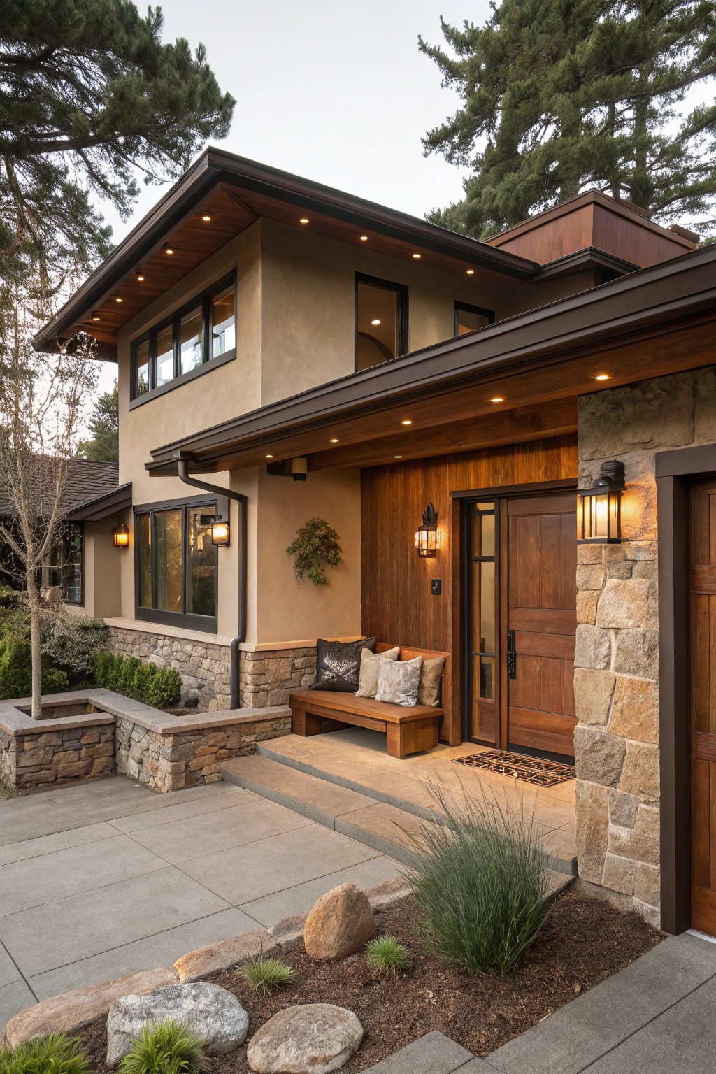 Two-story house exterior with beige stucco walls, dark wood trim and siding, covered entry porch with wooden bench and pillows, stone accents, wooden door, lanterns, garage door, downspout, and base landscaping with rocks and grasses.