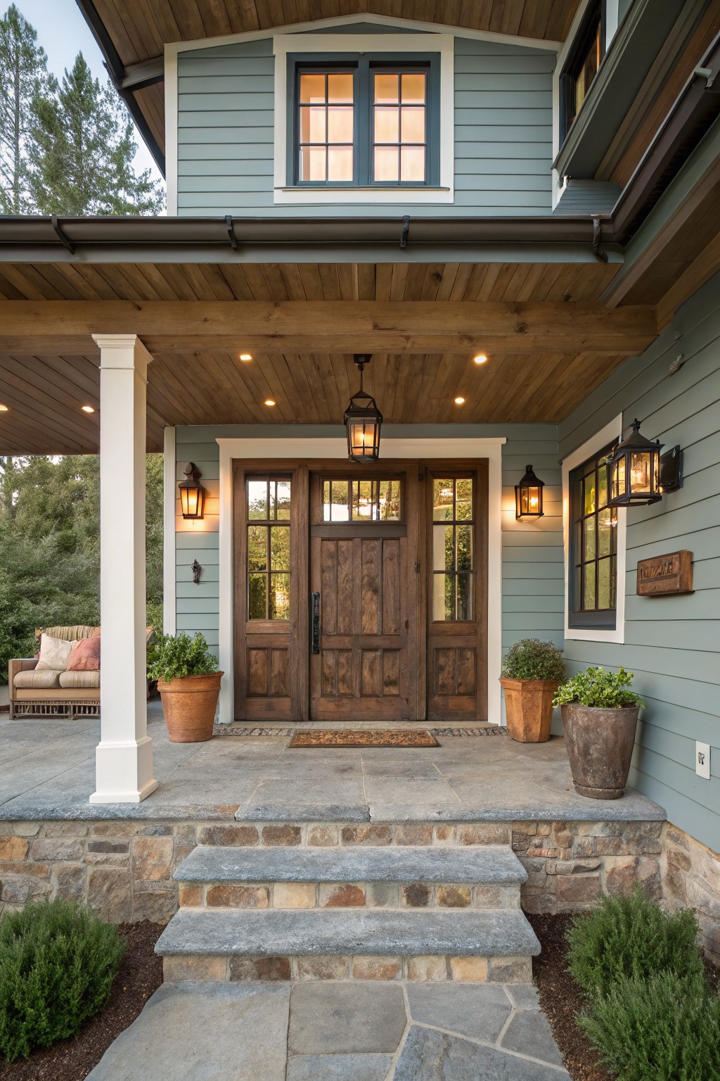 Front exterior of a house with light blue horizontal siding, covered porch supported by white columns and featuring wooden ceiling beams, recessed lights, hanging lantern, double dark wood entry doors with glass panels, wall lanterns, stone steps, flagstone landing, potted plants, and surrounding landscaping.