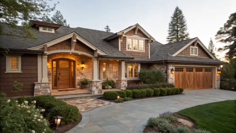 Brown shingle-sided house exterior with arched stone garage doors, wooden entry beside it, lanterns, potted blue hydrangeas, boxwoods, and stone steps leading to a concrete walkway.