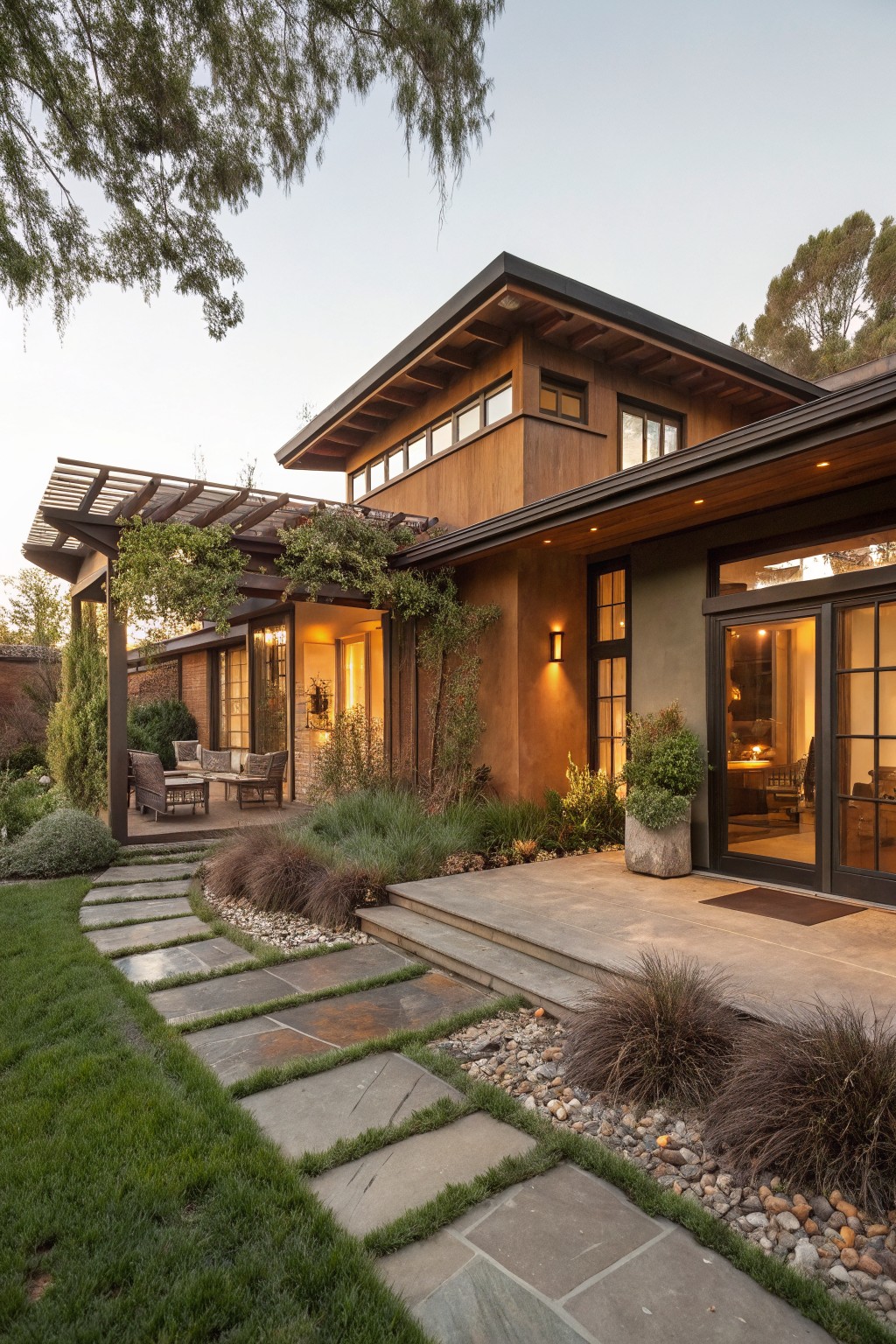 Exterior of a modern ranch-style house showing a vine-covered metal pergola over a concrete patio with wicker furniture, adjacent glass doors, slate stepping stone pathway through grass and gravel beds with ornamental grasses.