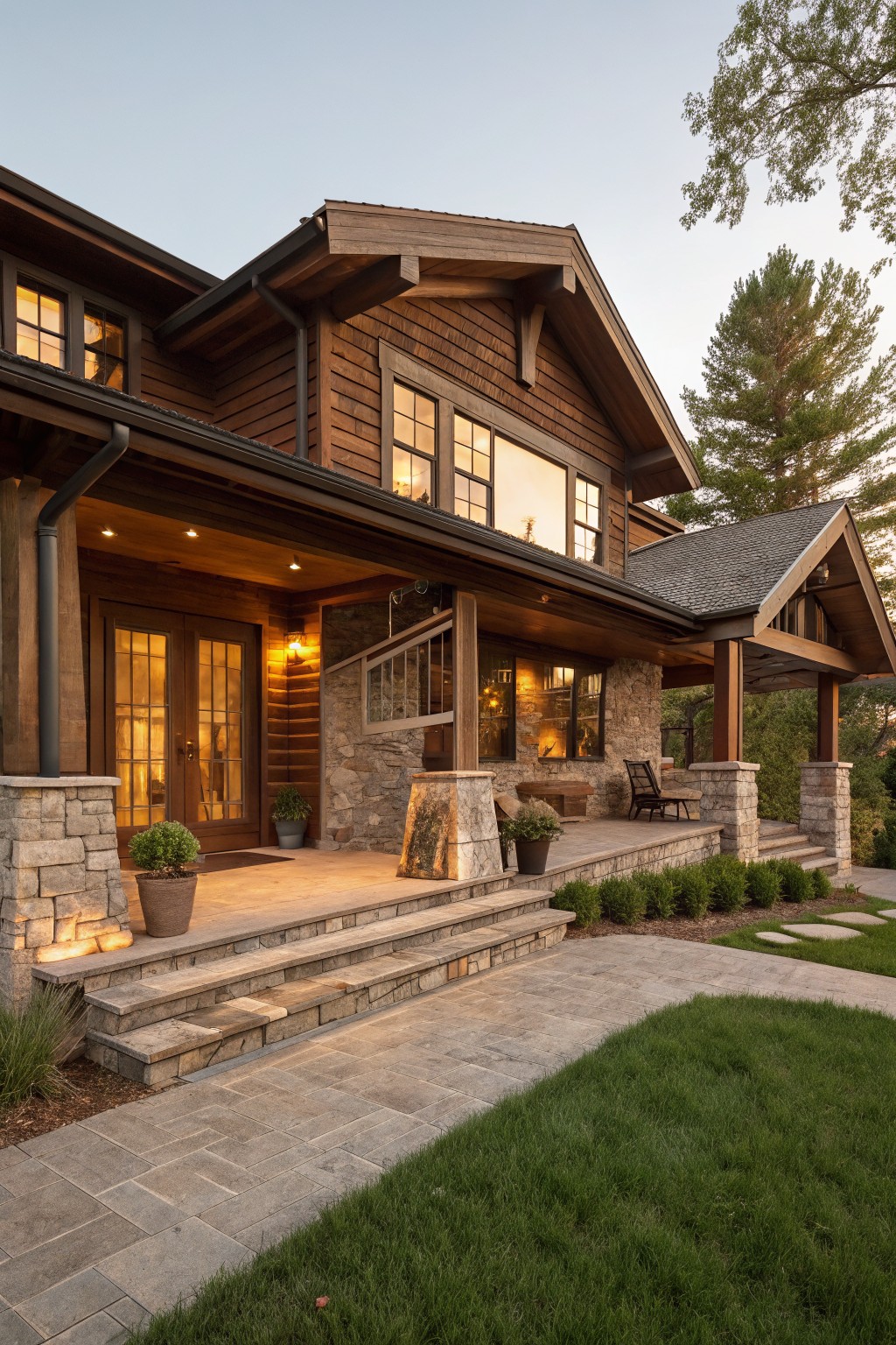 Brown timber ranch house exterior with a covered porch supported by stone pillars, wooden double doors, potted plants, chairs, and a stone pathway leading from the lawn at evening light.