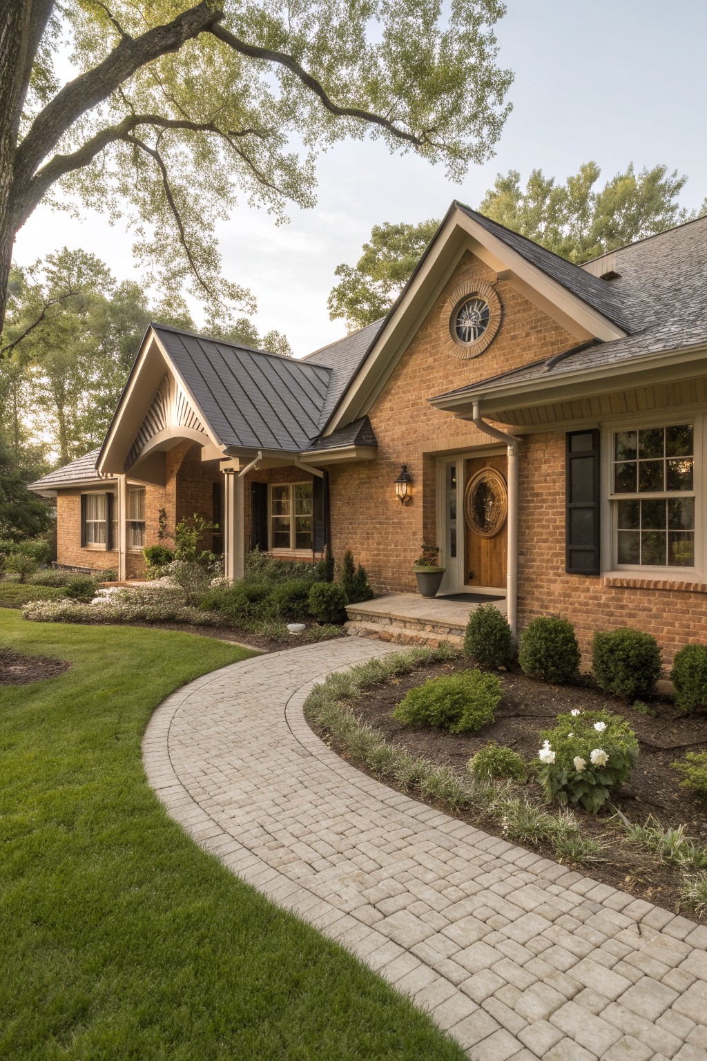 Brown brick ranch house with dark metal gabled roofs, covered front porch featuring wood door and lantern light, curved brick paver walkway leading to steps, shrubs and flower beds along the path, and green lawn with trees.