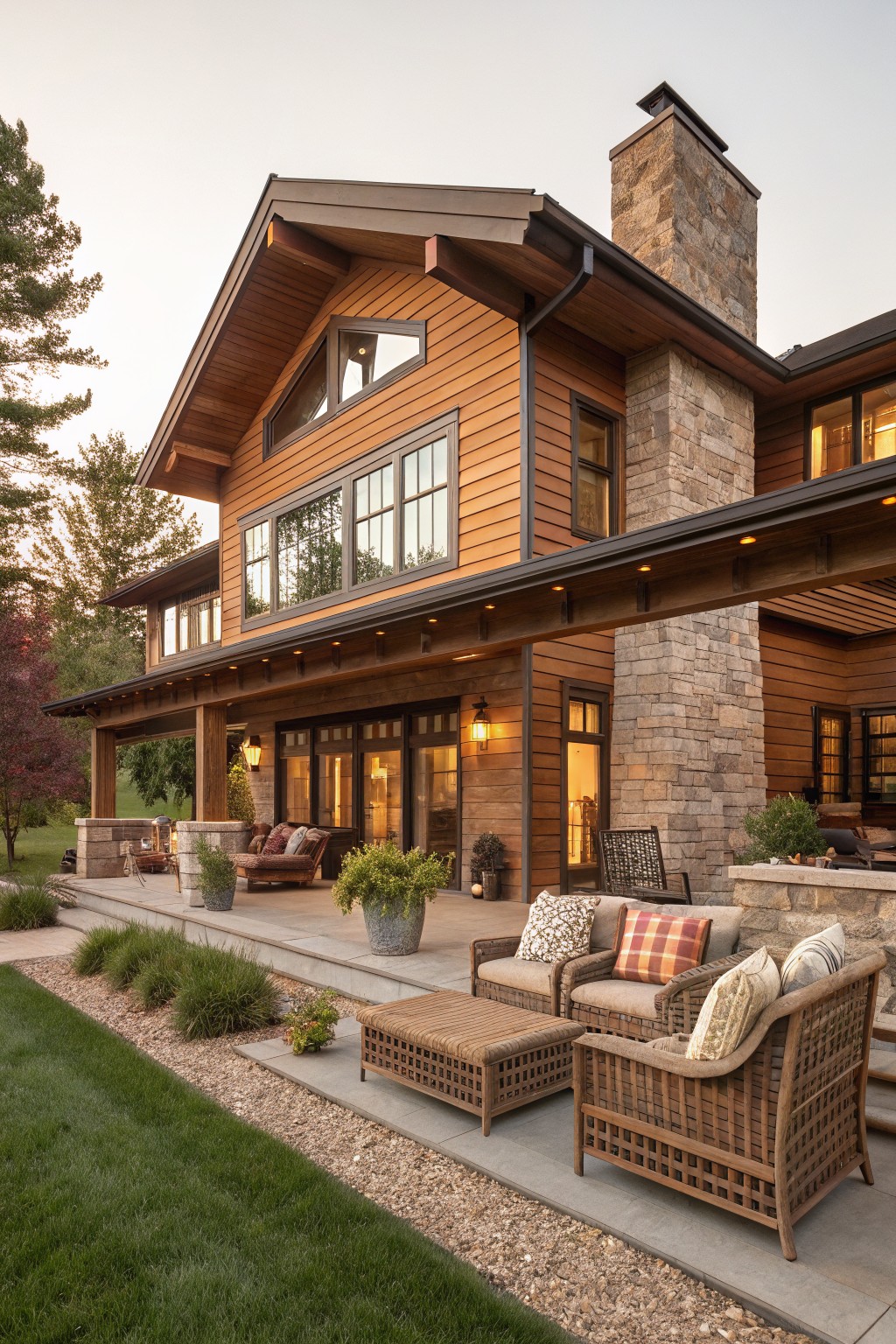 Side exterior of a two-story ranch-style house with brown horizontal wood siding, tall stone chimney, timber-beamed covered porch, large windows, stone patio with wicker furniture, potted plants, and surrounding lawn and shrubs at dusk.