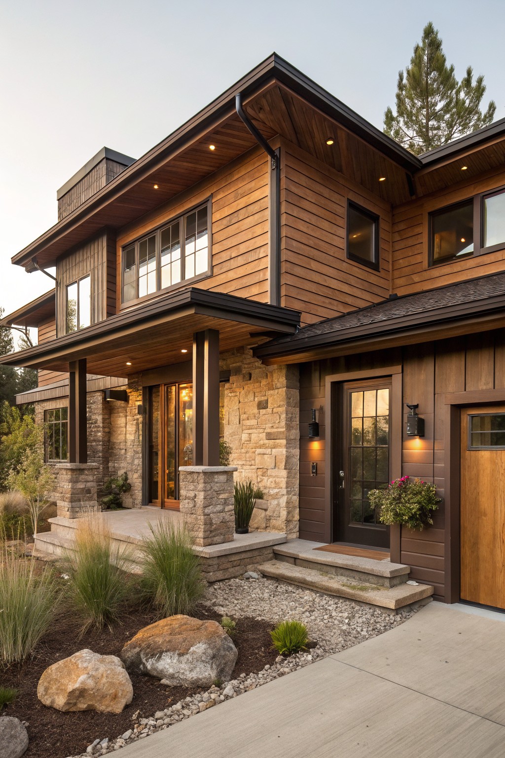 Brown wood-clad house exterior with covered entry porch supported by timber posts on stone pillars, large windows, adjacent garage door, gravel path, boulders, and ornamental grasses in the front yard.