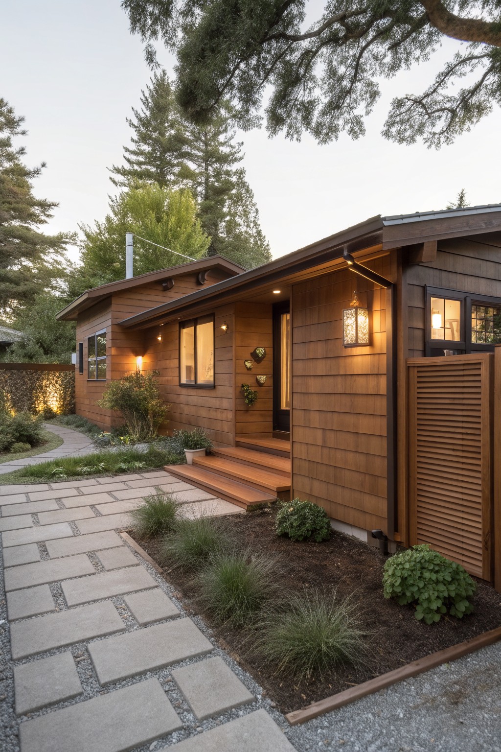 Brown shingle-sided single-story ranch house exterior viewed from the front at dusk, featuring a covered entry with wooden steps, lantern lights, concrete paver pathway, low plantings, and surrounding trees.