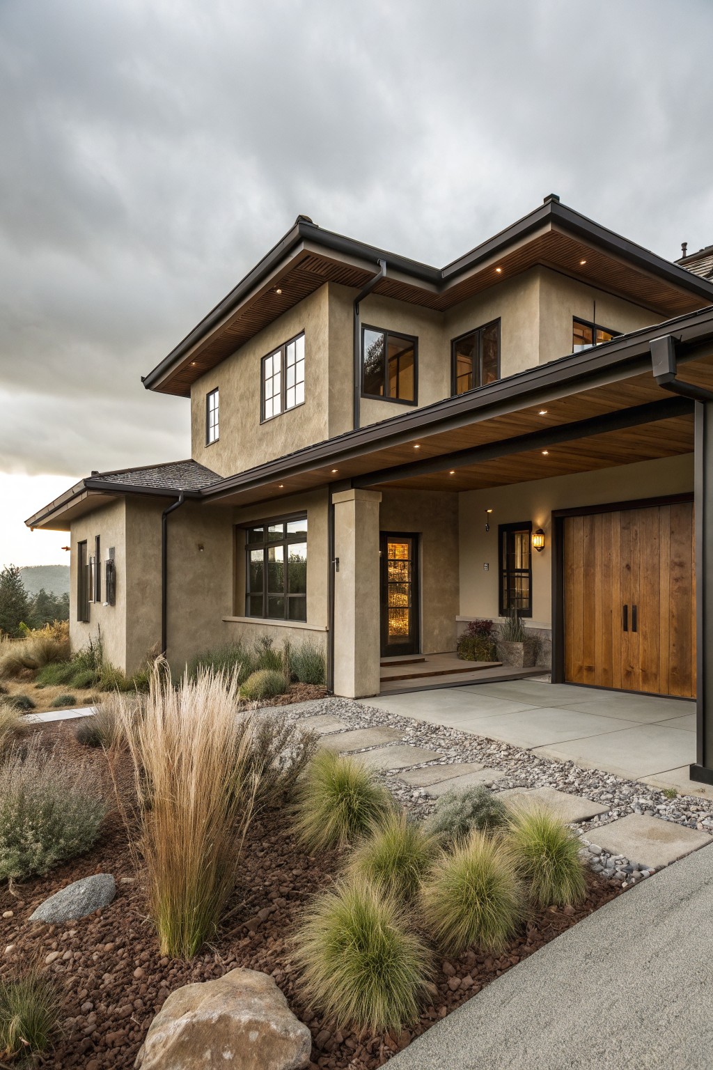 Beige stucco two-story ranch house exterior with dark wood trim, overhanging eaves, wooden garage door, large windows, and desert-style landscaping with grasses and rocks under a cloudy sky.