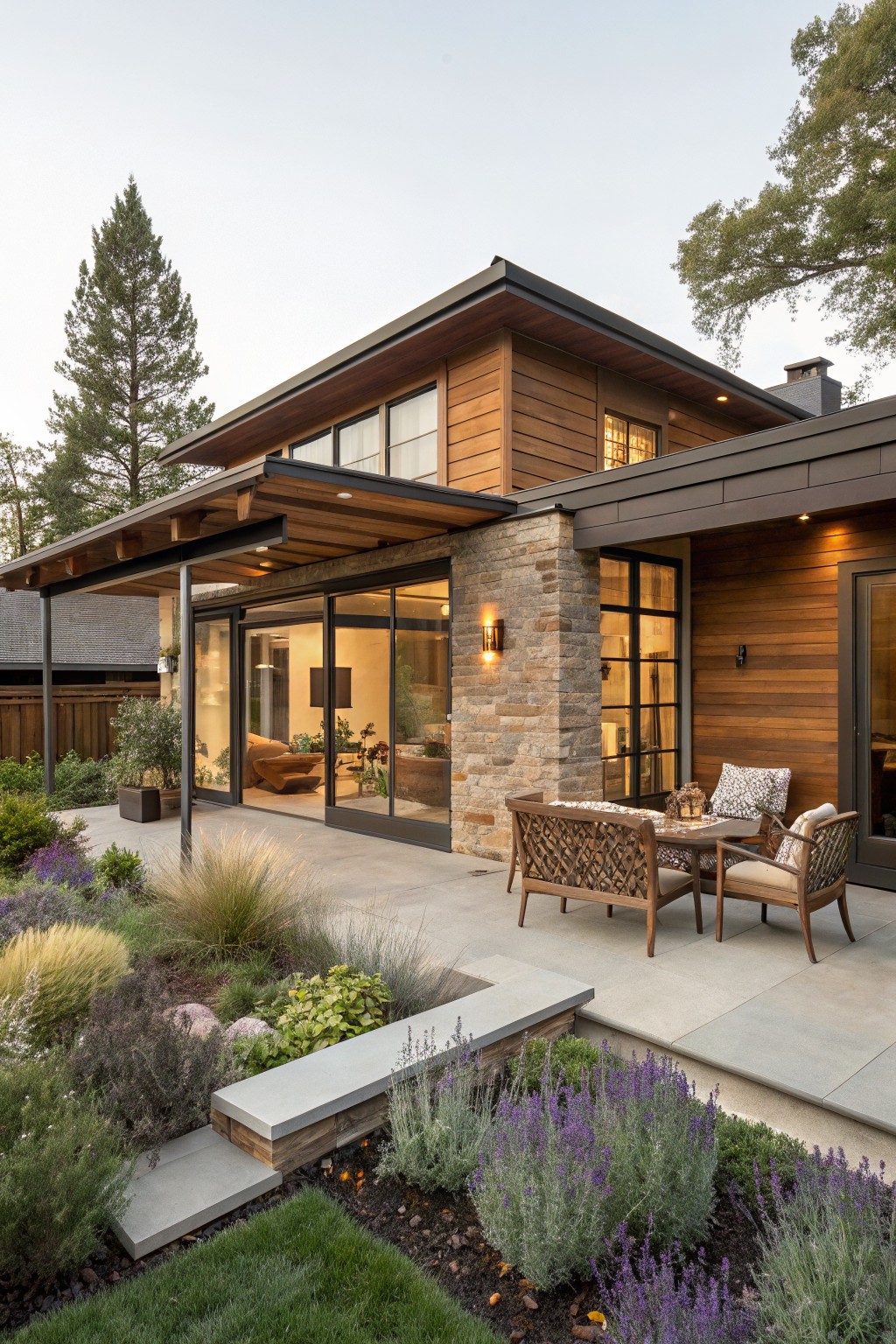 A two-story modern ranch house exterior with horizontal warm wood siding, stone base and pillars, black-framed windows, a covered patio with sliding glass doors, wicker outdoor seating on a concrete patio, and drought-tolerant landscaping including lavender and grasses, with pine trees in the background at dusk.