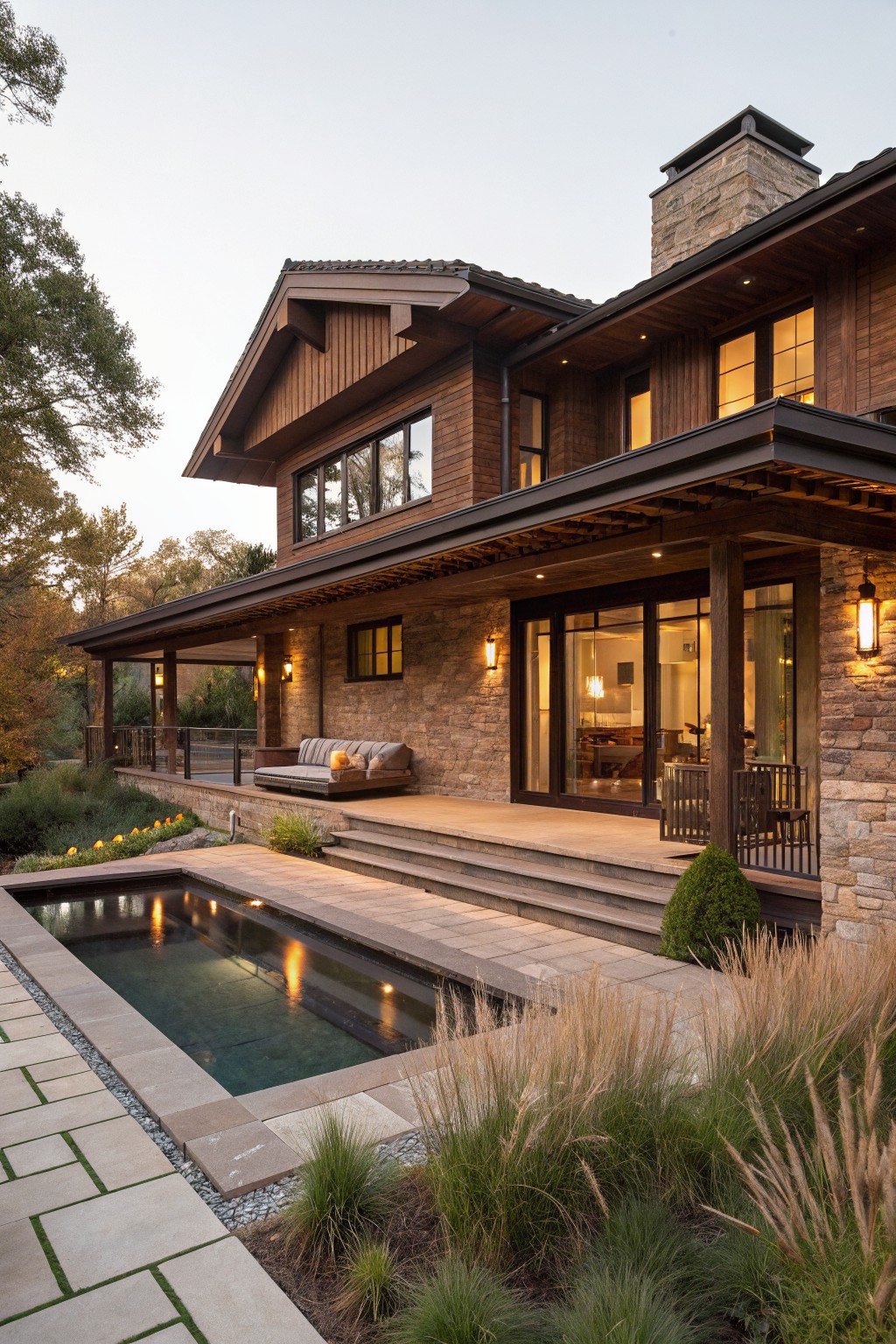 Back view of a two-story ranch-style house featuring brown horizontal wood siding, stone chimney and base walls, covered porch with built-in daybed and railing, steps descending to a lit reflecting pool edged by grasses and trees at dusk.