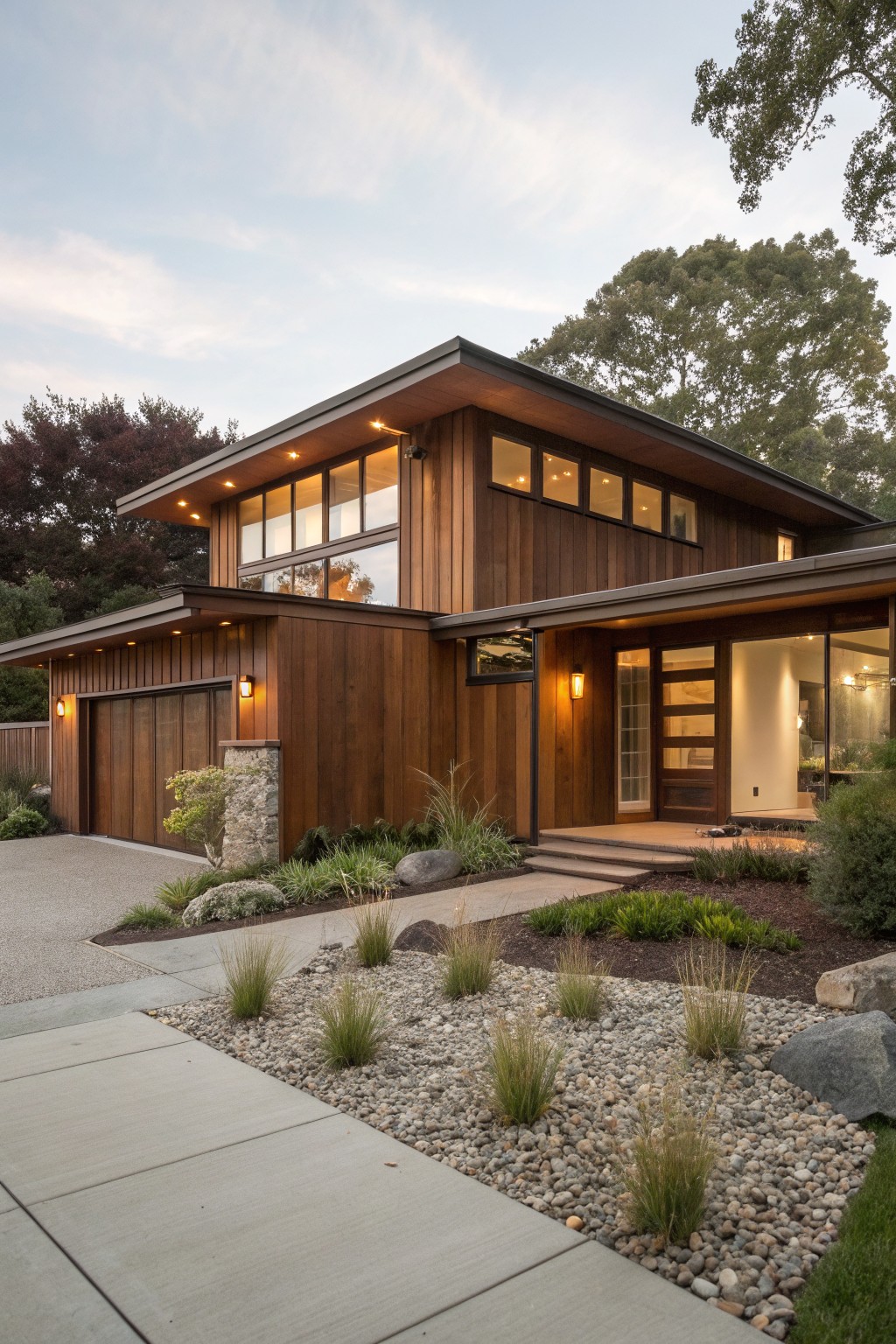 A modern ranch-style house exterior clad in brown vertical wood siding, with a garage door, entry porch, large windows, stone accents, and front landscaping featuring grasses, rocks, and boulders.