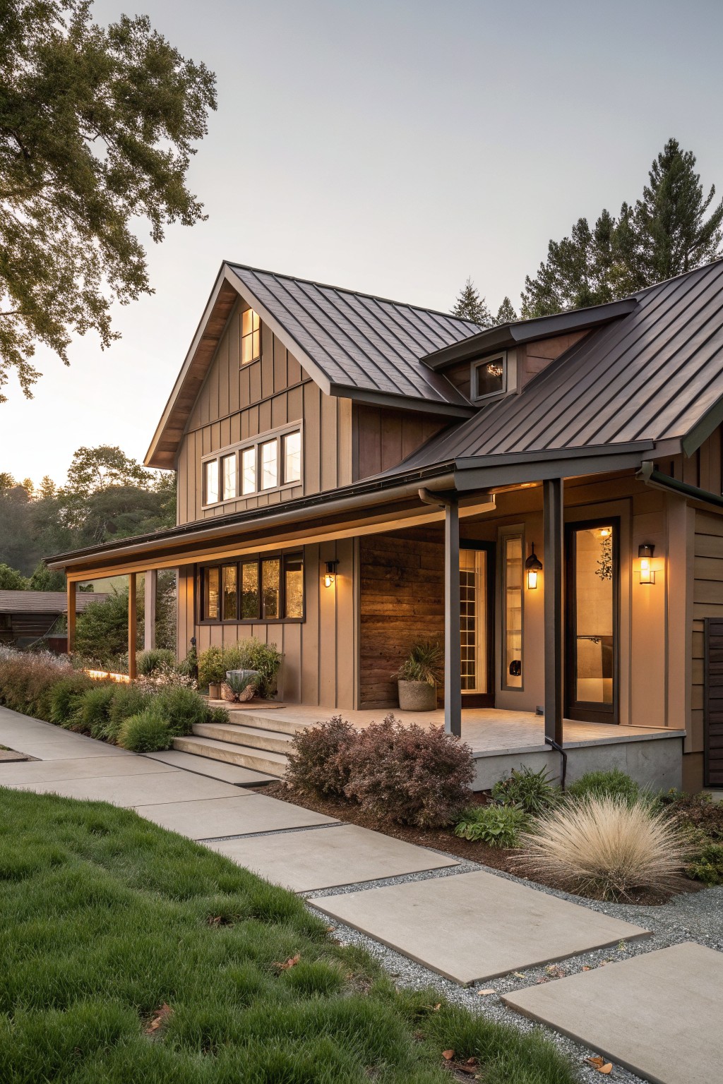 Brown wood-clad ranch-style house exterior with dark metal roof, covered porch supported by wood beams, large windows, pathway with steps, and low plantings along the front yard at dusk.
