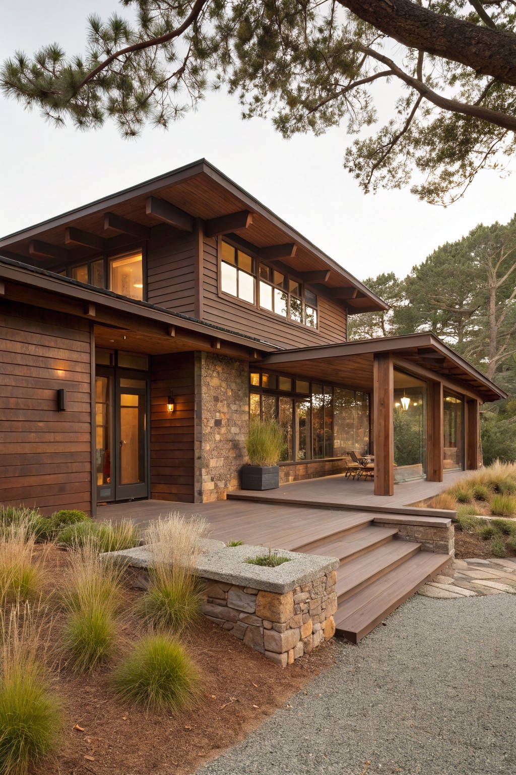 Dark brown wood-clad single-story house with stone entry walls and base, wooden deck and steps, potted plants, grasses, gravel path, and pine trees nearby.