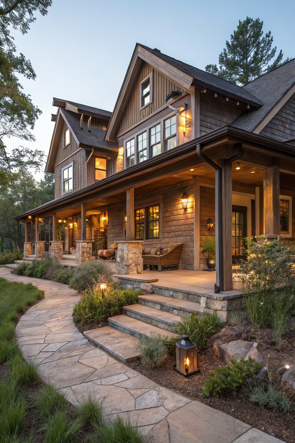 A brown shingled two-story house with a wrap-around wooden porch featuring stone pillars, lanterns, and steps leading to a curved flagstone path amid low plantings and trees at dusk.