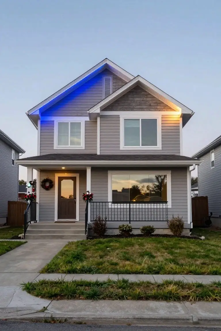 Gray two-story house with blue and purple LED strip lights along the roofline edges, Christmas wreaths on the front door and railing, small front lawn with shrubs, at dusk with neighboring houses visible.