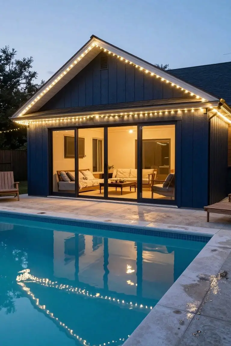 Dark blue wooden cabana with white string lights along the roofline and eaves at dusk, open sliding glass doors showing interior couches and chairs, next to a rectangular swimming pool reflecting the lights on tiled patio.