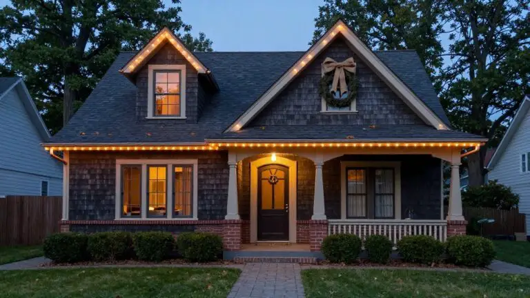 Dark shingled house exterior at dusk with white string lights outlining the roofline and eaves, Christmas wreaths on the front door and windows, warm interior lights visible through windows, and boxwood shrubs along the front path.