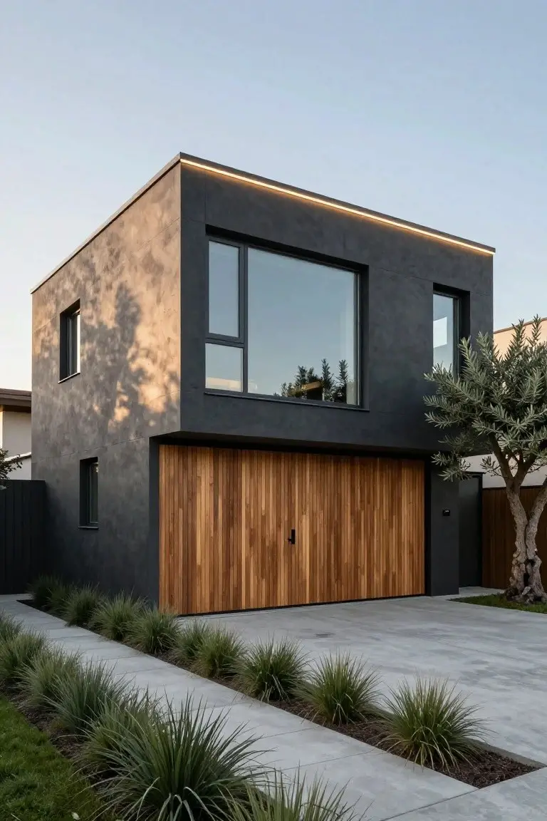 Modern cube-shaped house with dark textured stucco walls, large windows, wooden garage door, LED strip along flat roof edge, concrete driveway, and low landscaping.