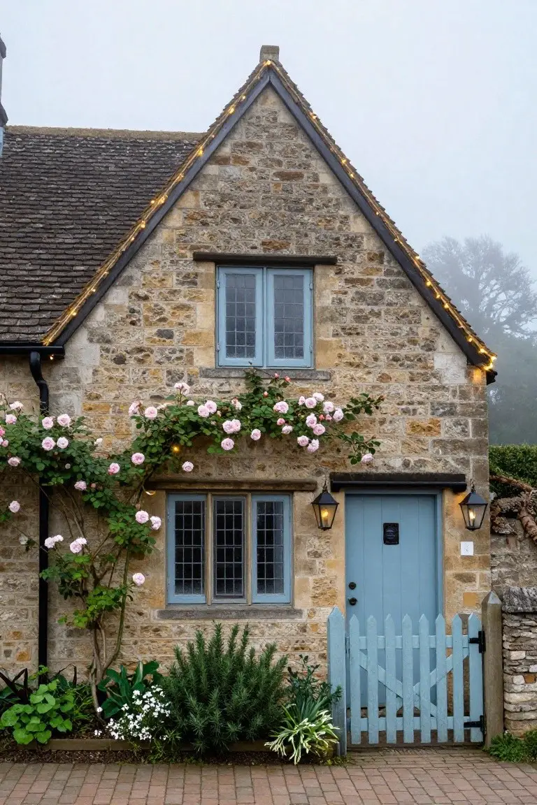 Stone cottage with gabled roof outlined in warm string lights, blue front door and picket gate, climbing pink roses on walls, assorted plants in front, and misty surroundings.
