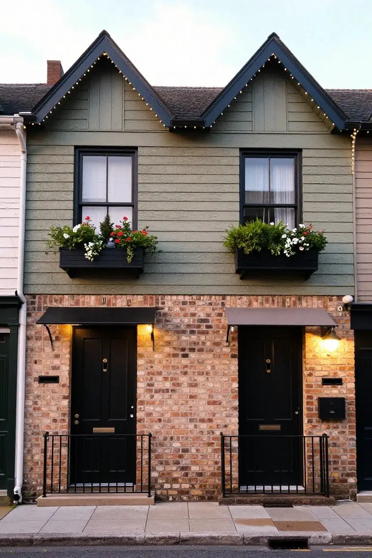 Two-story terraced houses with sage green clapboard siding, black-framed windows and doors, brick bases, flower boxes, and white string Christmas lights outlining the gabled roof peaks and edges at dusk.