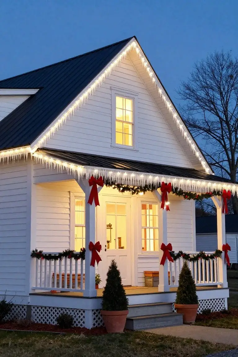 White clapboard house with black metal roof and gabled porch lit by white icicle-style Christmas lights along the roofline and eaves at dusk, with red bows, evergreen garlands on porch railings and door, and potted trees on porch steps.