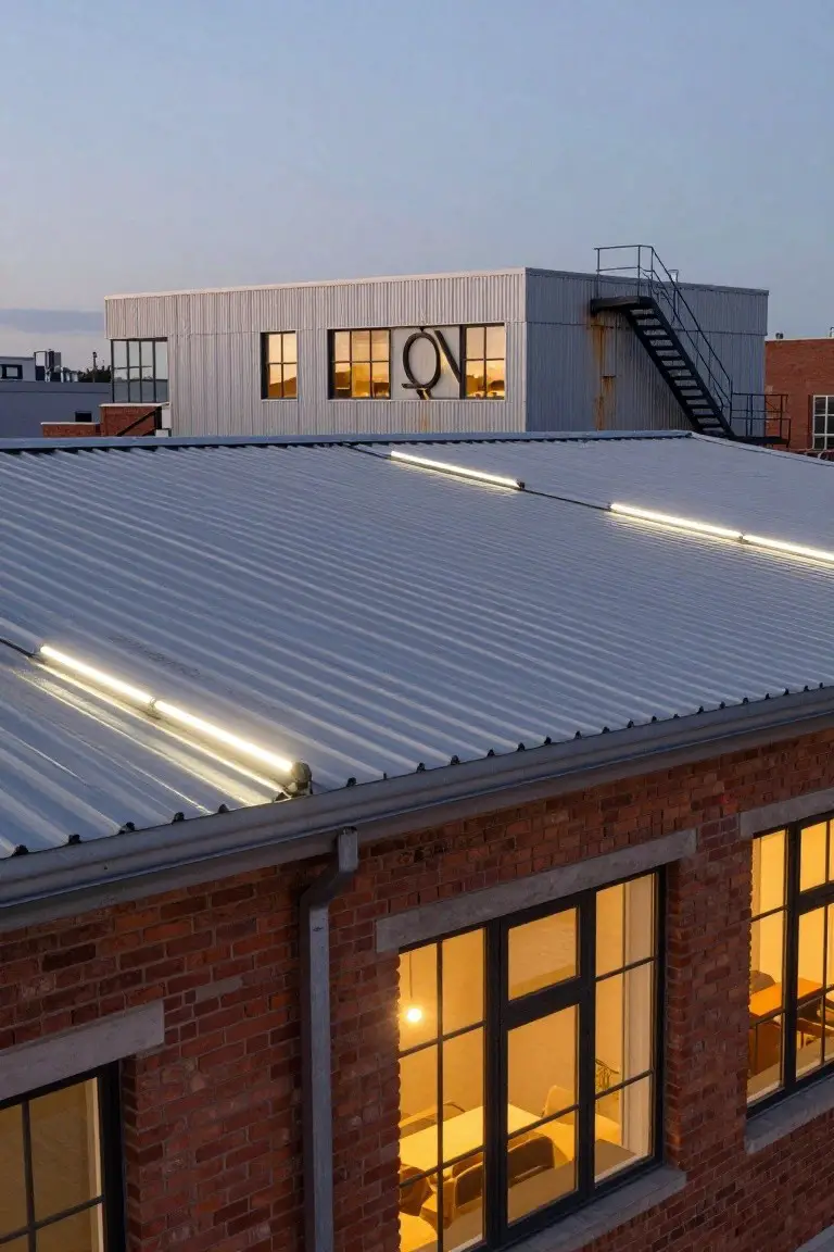 Overhead view of a corrugated metal building roof with white linear lights mounted under the eaves at dusk, adjacent to a brick structure with lit windows.