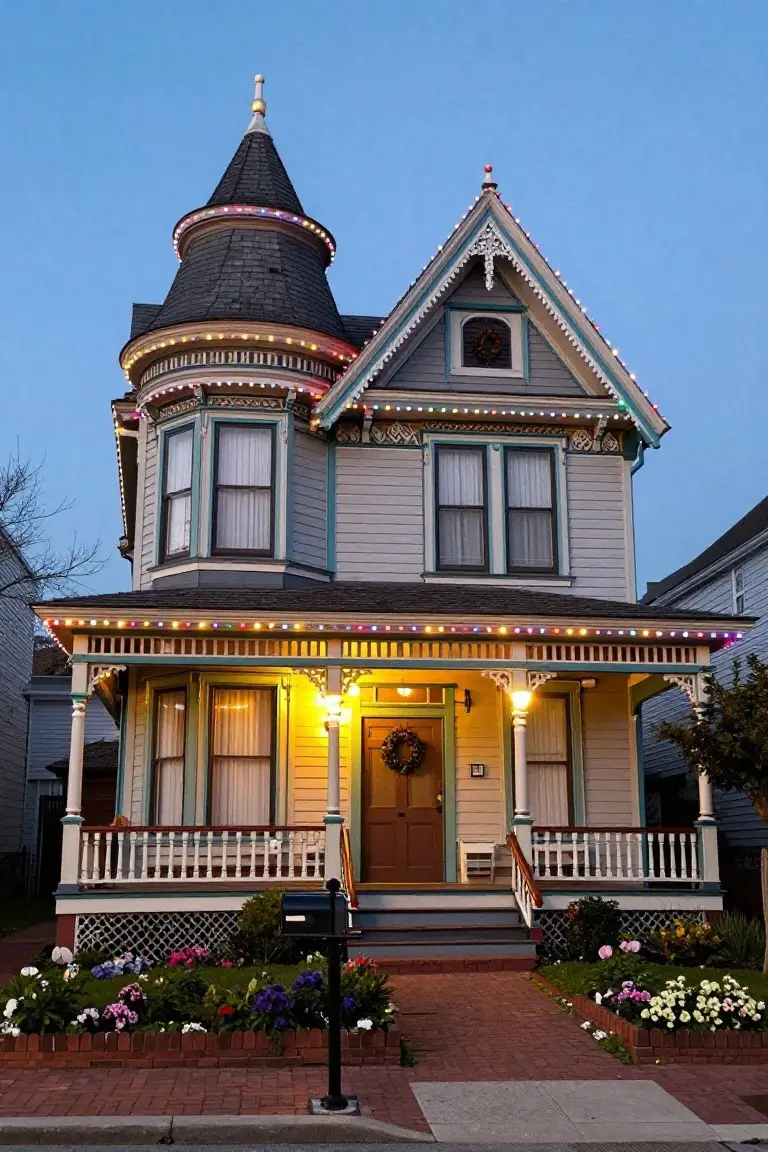 A two-story Victorian house with a turret, gables, and porch, decorated with multicolored Christmas lights outlining the roofline and architectural details at dusk, surrounded by a front yard with flower beds and a brick path.