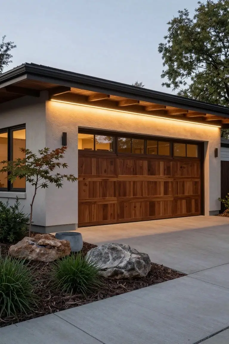 Modern house garage with stucco walls, wooden paneled door, LED strip lighting under the dark roof overhang, flanked by a Japanese maple tree and rock garden beds.