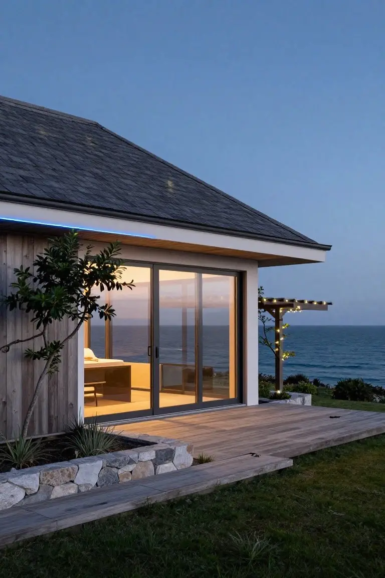 Modern house corner at dusk featuring a dark sloped roof with blue LED strip lighting under the eaves, large glass sliding doors opening to a wooden deck overlooking the ocean, potted plants, stone garden bed, and string lights on a nearby pergola.