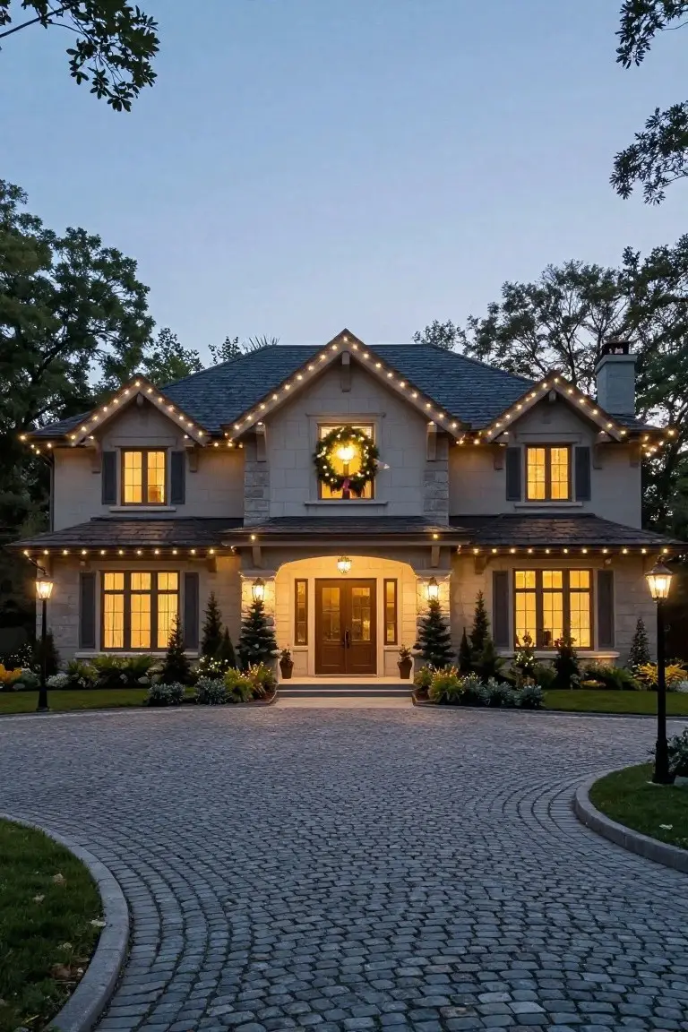Beige stone house with gabled roof and dark shingles, outlined in white string lights along the roofline and eaves, large Christmas wreath on upper window, small trees with lights flanking the front door, lanterns on posts, and curved cobblestone driveway at dusk.
