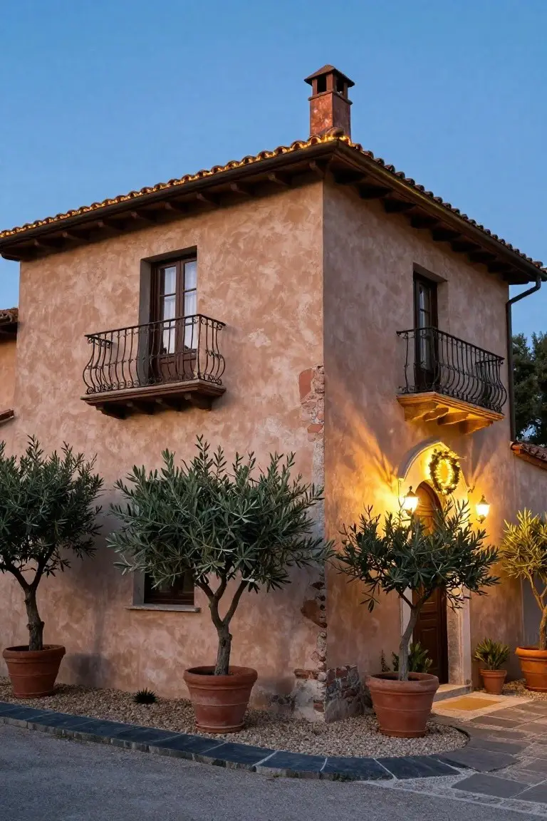 Corner view of a two-story beige stucco house with terracotta tile roof edged in warm string Christmas lights, wrought-iron balcony, potted olive trees, arched entry with wreath, and wall lanterns.