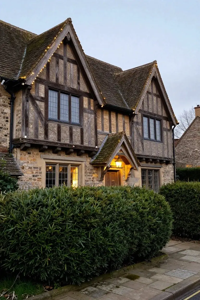 Half-timbered stone house with Christmas string lights outlining the gabled roofline, illuminated porch lantern over wooden door, boxwood hedges in front, and paved street at dusk.