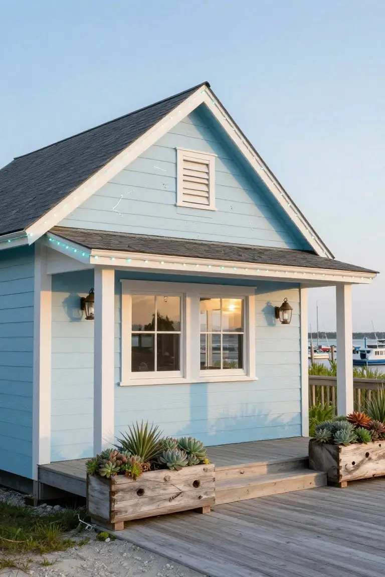 Light blue wooden cottage with gabled dark shingle roof outlined in white string lights, covered porch with lanterns and columns, wooden planters holding succulents on either side of steps, wooden deck near water with boats in background.