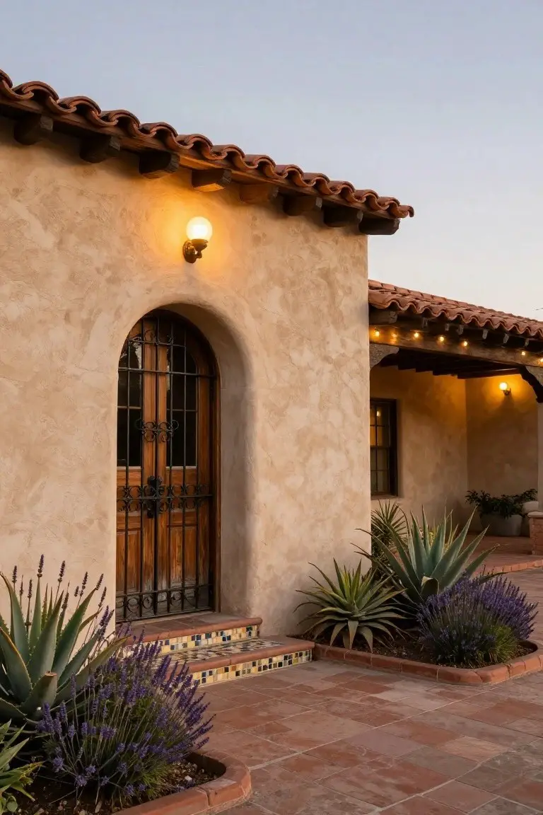 Adobe house exterior with beige stucco walls, red barrel tile roof, arched wooden door with black wrought iron gate, potted agave and lavender plants along the entry steps, string lights along the roofline and porch eaves, and lit wall lanterns at dusk.