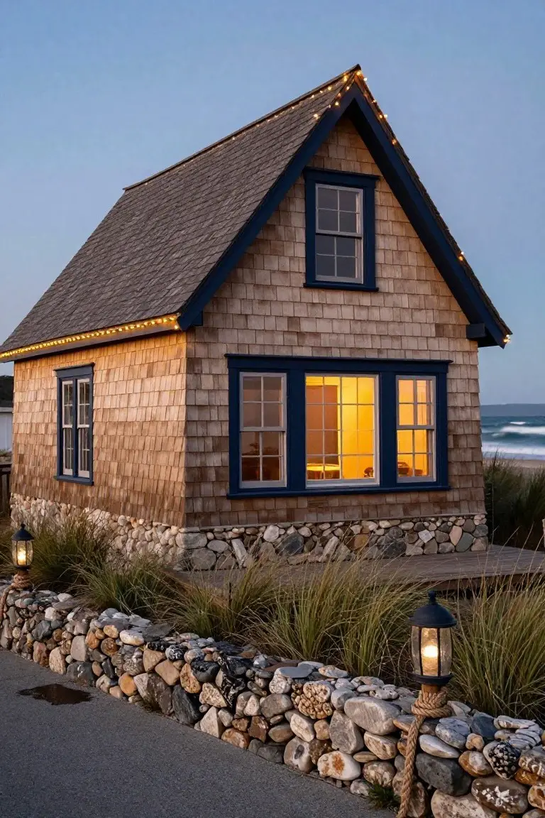 Small shingled house exterior at dusk with string lights outlining the roofline and gables, lit windows, stone wall foundation, rope-wrapped lanterns, and beach grass near the ocean.
