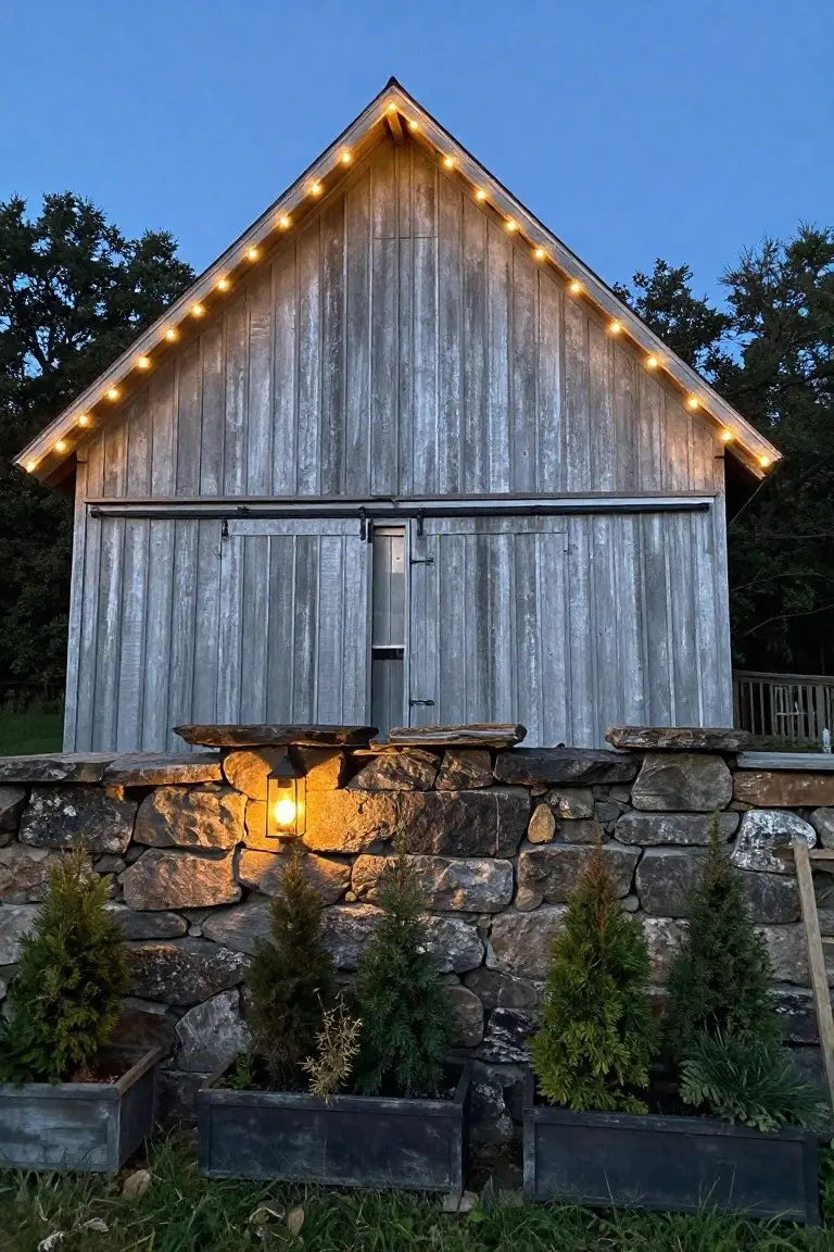 Weathered gray barn with sliding doors and gabled roof outlined in warm string lights, stone retaining wall with lantern and potted evergreens in front, trees and grass at dusk under blue sky.